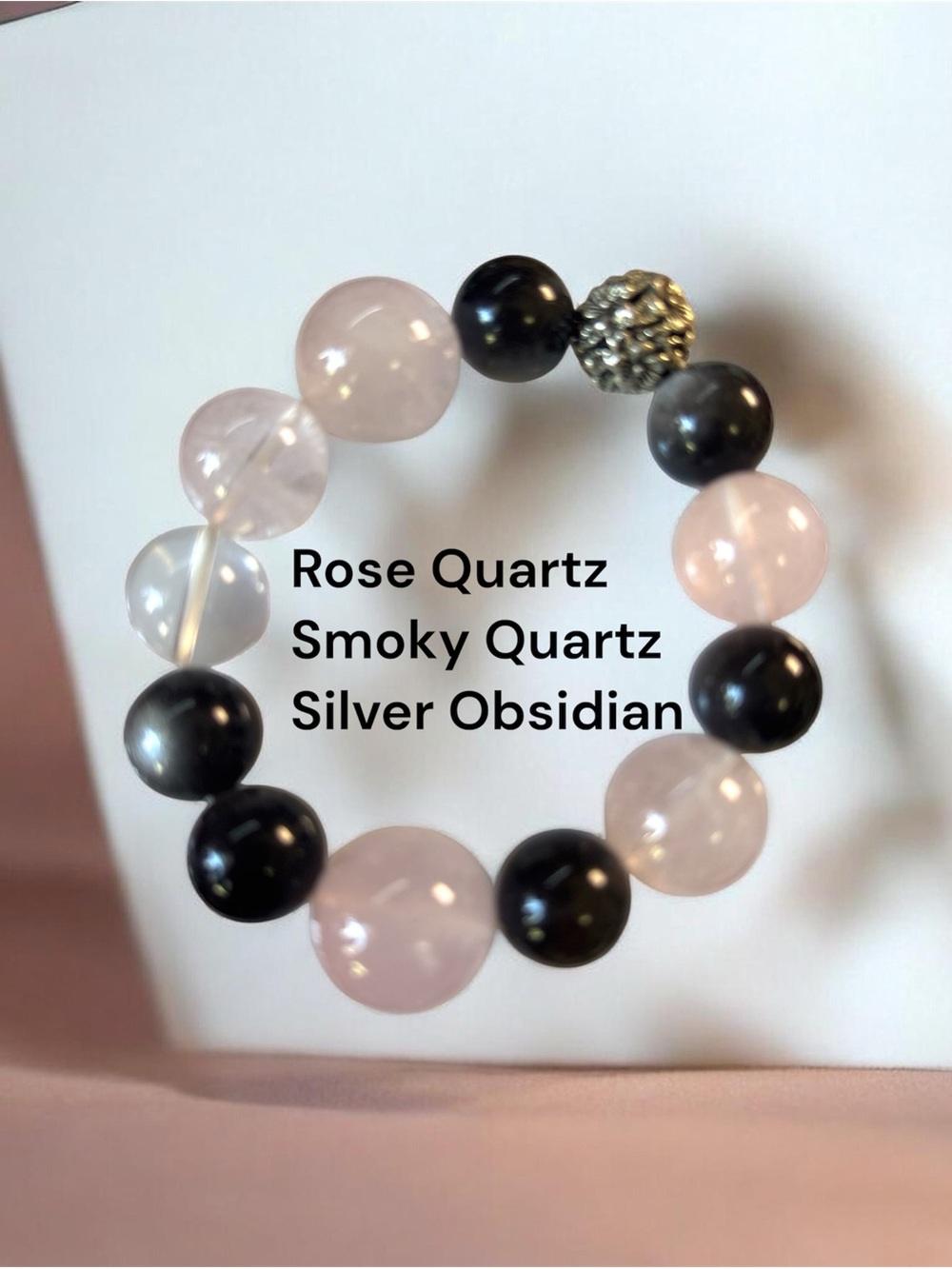 Rose Quartz and Silver Obsidian Beaded Bracelet by